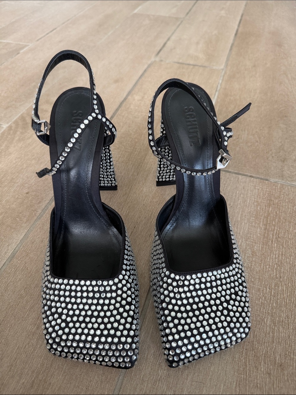 SCHUTZ Black Rhinestone Square-Toe Slingback Heels 10 Jaycie - Picture 5 of 12